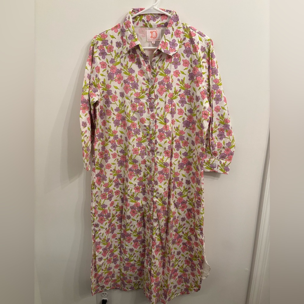 Victoria Dunn Floral Button-Front Midi Dress in Pink and Green